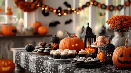Halloween decorations featuring pumpkins, cupcakes, cookies, and festive decor