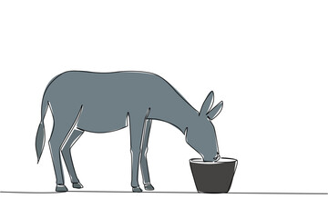 Single one line drawing donkey drinking from a drinking bowl. Special container for donkeys to drink. Convenience for pets. Drink a lot. World Donkey Day. Continuous line design graphic illustration