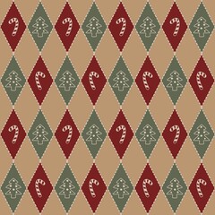 Christmas Argyle Pattern with Candy Canes and Trees