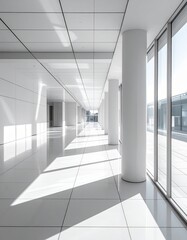 Fototapeta premium Modern architectural interior with clean white walls, tiled floor, glass facade