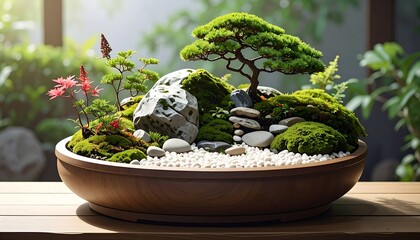 Beautiful bonsai arrangement in a wooden bowl on a wooden surface, sunny and natural