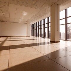 Obraz premium Modern architectural interior with clean white walls, tiled floor, glass facade