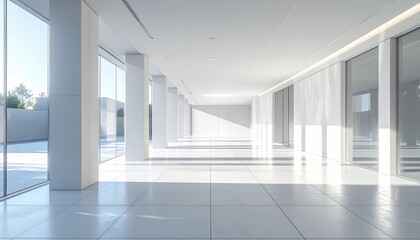 Modern architectural interior with clean white walls, tiled floor, glass facade