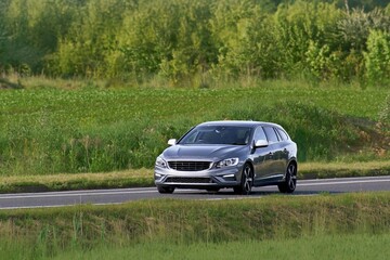 Sport hatchback on asphalt road in summer