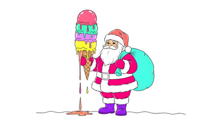 A cartoon illustration of santa claus holding a giant ice cream cone with multiple colorful scoops isolated on white background