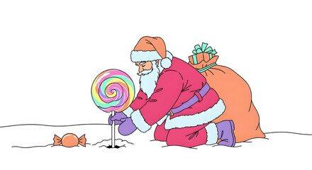 Santa claus holding a giant rainbow lollipop with a small candy on the ground and a sack of gifts behind him isolated on white background