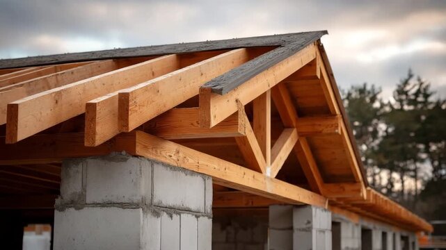 Wooden roof frame construction with concrete pillar timber beams building structure showcasing detailed carpentry work under cloudy sky outdoor natural wood texture architecture