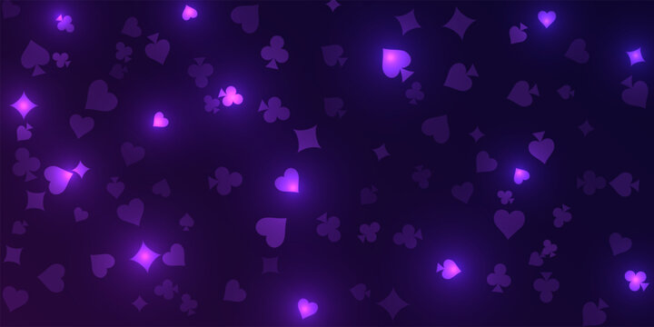 Casino background. Flying purple glowing playing cards on black background. Sparkling hearts, clubs, diamonds and spades on dark. Online gambling concept. VIP abstract vector illustration.