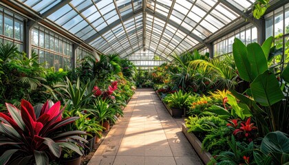 Lush Greenhouse Interior with Diverse Plant Species and Natural Daylight Streaming Through Glass Panes
