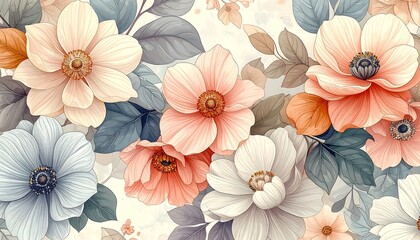 Beautiful floral pattern with watercolor flowers and delicate leaves for design