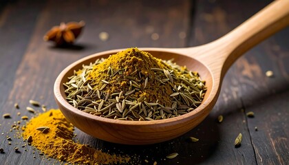 Aromatic spice blend in a wooden spoon