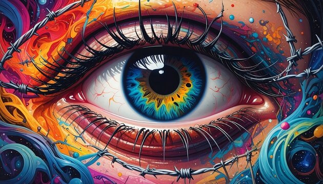 A vibrant eye, encircled by barbed wire, and colorful abstract art