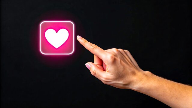 Hand pointing at glowing heart icon symbolizing love social media and digital connection
