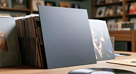 Vinyl Record Collection: An appealing shot of a vinyl record displayed prominently in a record store setting, capturing the essence of music and nostalgia.