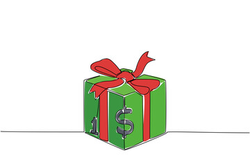 Single one line drawing paper dollar bills made into cubes and tied into ribbons. Charity in a unique way. Donation. Donate a Wages of Day To Charity Day. Continuous line design graphic illustration