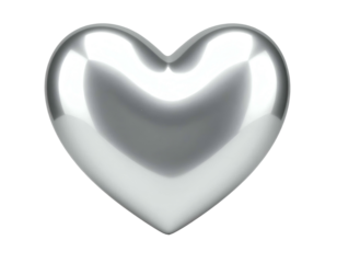 Glossy, metallic heart shape with strong highlights and a dramatic black background