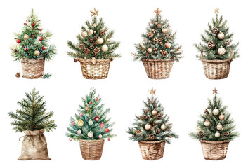 PNG Festive mini Christmas trees variety, element set on transparent background