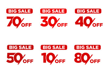 Red big sale discount percentage icons for retail promotions and online shopping isolated on transparent background