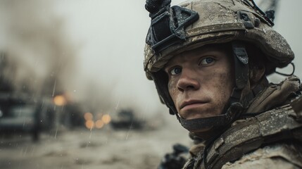 Soldier in tactical gear observes surroundings during a tense situation in an urban conflict zone