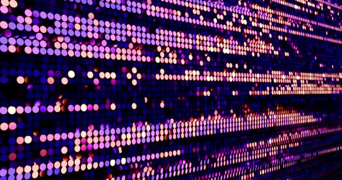 Neon light sequins turn up in a random pattern. Side macro view of gorgeous waving pattern background. 4K 3D rendering loop animation.