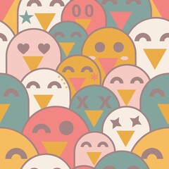 Seamless cute bird faces pattern in pastel retro colors