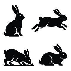 Four black rabbit silhouettes showing different poses for easter and spring designs silhouette