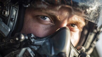 Fototapeta premium Close-up of a fighter pilot in flight gear showcasing intense concentration during a mission