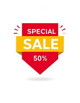 A vibrant, eye-catching promotion tag with "SPECIAL SALE" and "50%