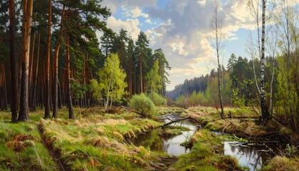 Beautiful Forest Landscape with a Stream and Natural Vegetation Environment