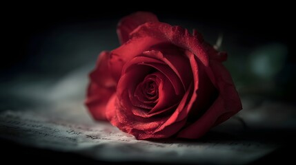 A single red rose with dew drops rests on an aged handwritten letter bathed in dramatic moody lighting