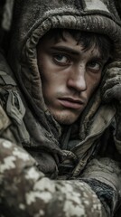 Fototapeta premium Soldier in camouflage gear gazes thoughtfully while resting during a military operation in a cold, rugged environment