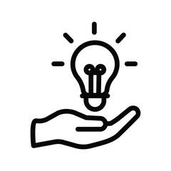 Hands holding light bulb line icon, creativity and innovation support symbol, simple outline style on white background