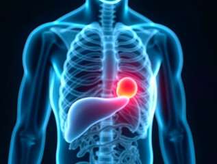 Human liver highlighted in medical scan showing disease or inflammation concept