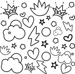 Cute hand drawn doodle elements stars hearts clouds crowns lightning bolts