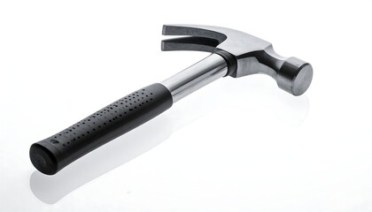 A shiny hammer, with a black textured handle and silver metal head, lies against a white, reflective surface