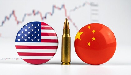 US and China flag buttons with bullet between them, financial graph in background, symbolizing geopolitical tension.