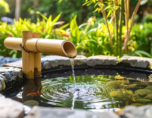 Bamboo water fountain in a tranquil garden pond