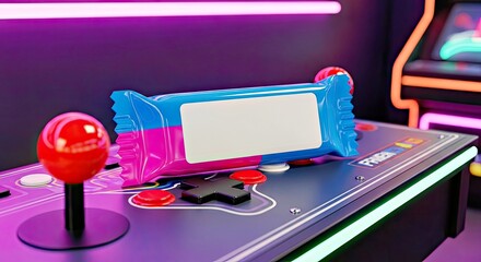 Candy Bar on Arcade: A vibrant candy bar rests on a classic arcade machine, with vivid neon lights in background. evoking a sense of nostalgia and fun.