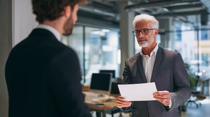Business meeting between two professionals in a modern office setting discussing important documents and ideas