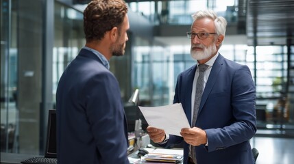 Business meeting between two professionals discussing important documents in a modern office setting