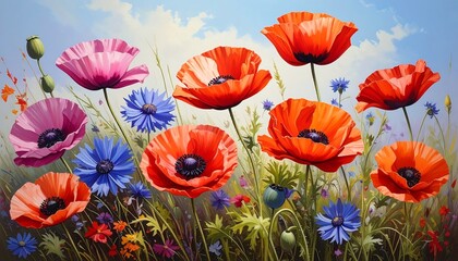 Obraz premium Beautiful Field of Colorful Poppies and Other Wildflowers under a Blue Sky