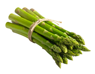 A fresh bunch of green asparagus spears, tied with twine, on a black background