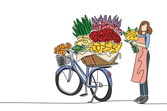 Single one line drawing a bicycle with a pile of flowers on the back. Selling flowers around. Small business from an early age. National Small Business Day. Continuous line design graphic illustration