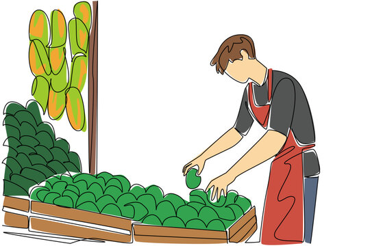 Single continuous line drawing man wearing apron is tidying up the fruit he is selling at his stall. Trader activities in the morning. National Small Business Day. One line design vector illustration