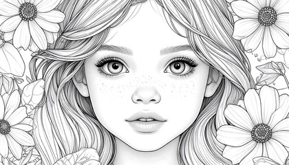 Beautiful girl illustration with flowers in black and white, perfect for coloring