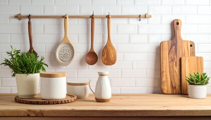 A warm kitchen scene featuring wooden utensils hanging above a countertop with various kitchenware items and plants