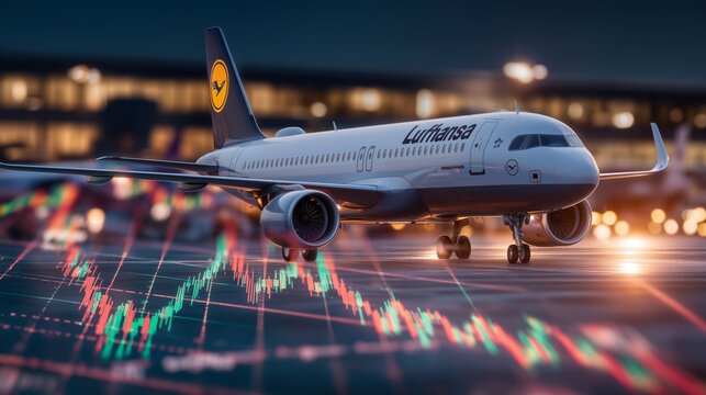 Lufthansa airplane parked at airport runway with stock market chart in foreground during evening - Powered by Adobe