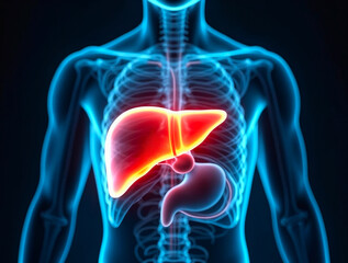 Human liver highlighted in medical scan showing disease or inflammation concept