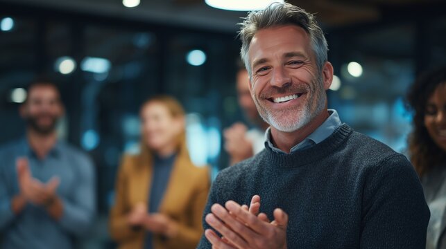 Group of colleagues celebrating success in a modern office with smiling faces and applause during a team gathering - Powered by Adobe