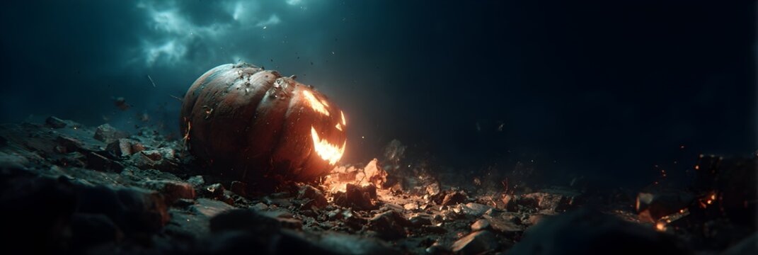 A pumpkin is on the ground with a hole in it